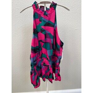 Nine West Size Large NWT Pink Green Flowy Halter Neck Tank Top Blouse Shirt